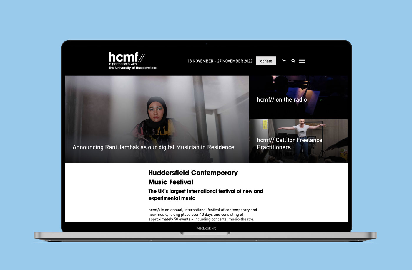 hcmf// website mockup on Macbook